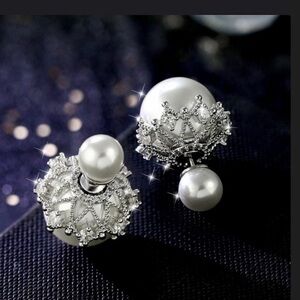 Pearl & CZ lace & crown earring studs